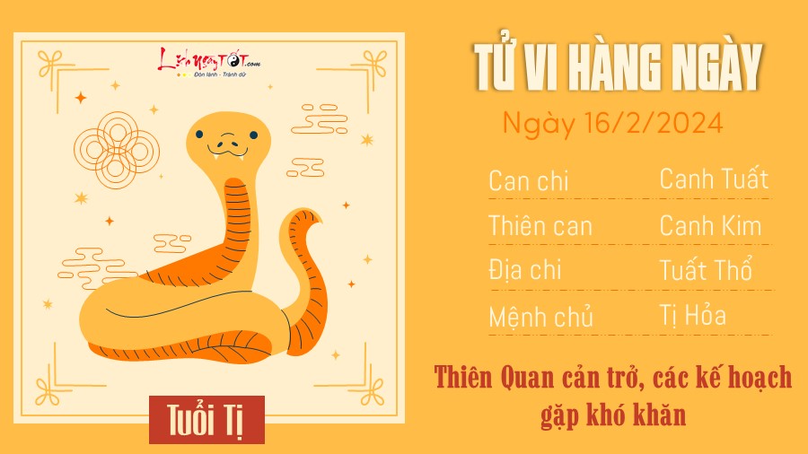 Tử vi ngày 16/2/2024 của 12 con giáp - Tị Tu vi ngay 16/2/2024 cua 12 con giap - Ti