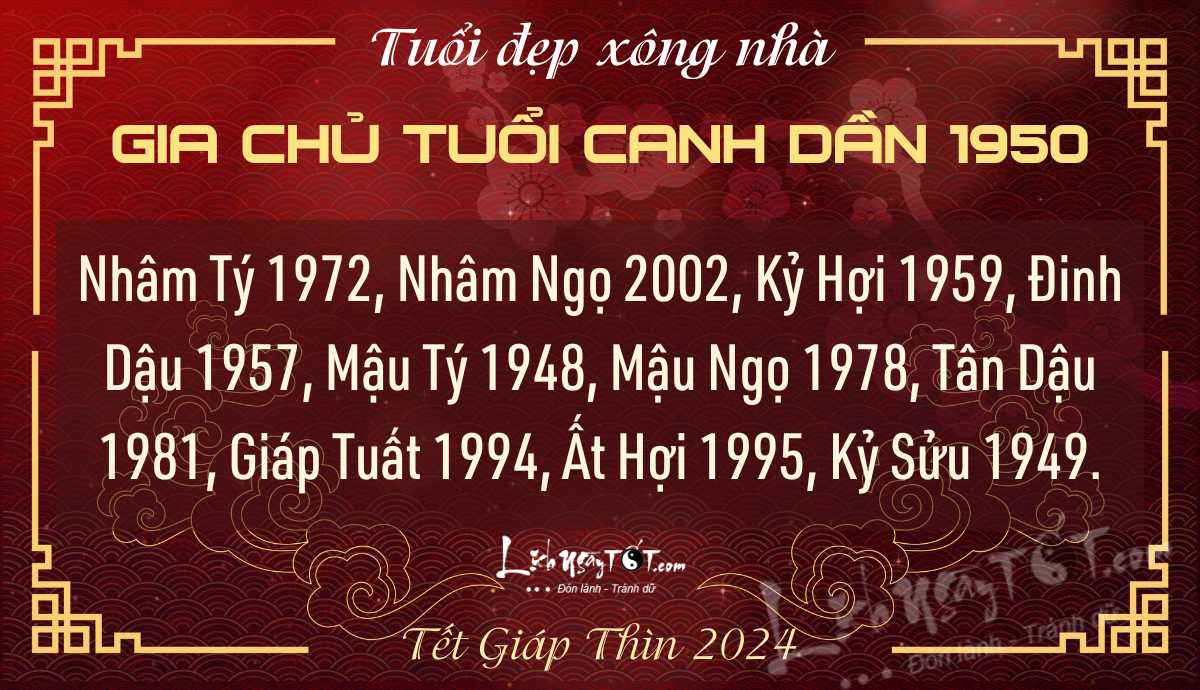 Xem tuổi xông nhà năm 2024 cho Canh Dần 1950 Xem tuoi xong nha nam 2024 cho Canh Dan 1950