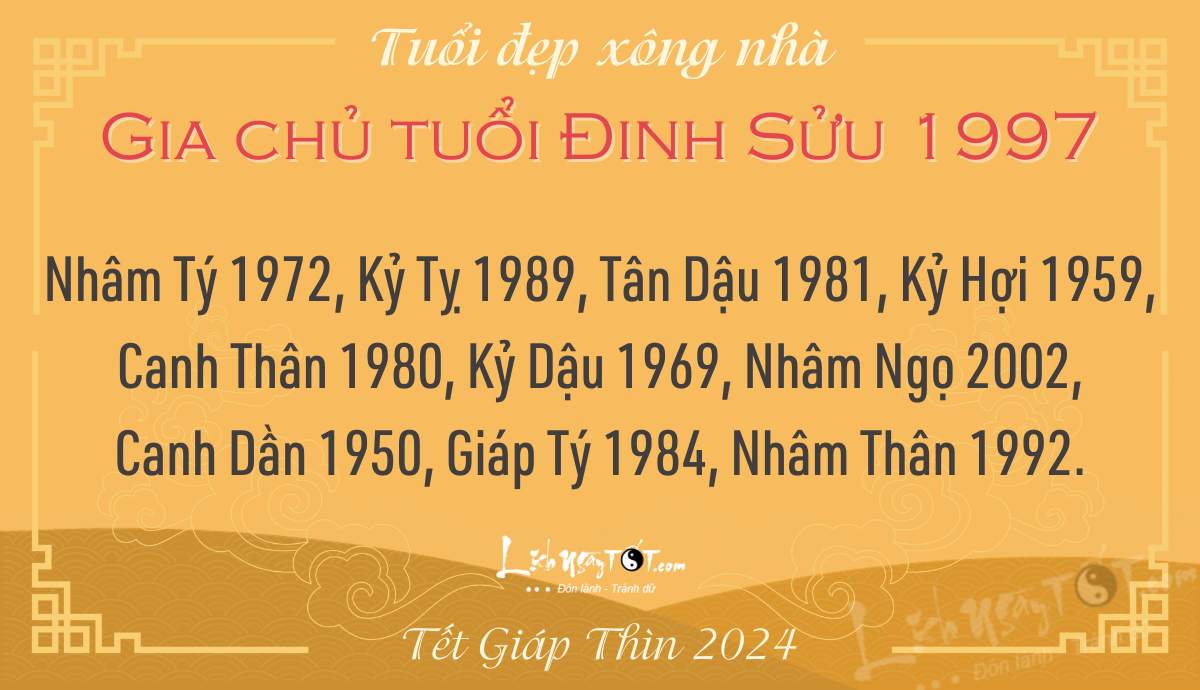 Xem tuổi xông nhà năm 2024 cho Đinh Sửu 1997 Xem tuoi xong nha nam 2024 cho Dinh Suu 1997