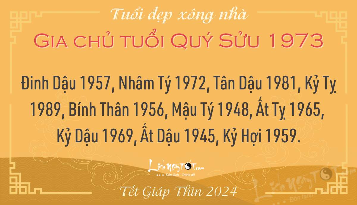 Xem tuổi xông nhà năm 2024 cho Quý Sửu 1973 Xem tuoi xong nha nam 2024 cho Quy Suu 1973