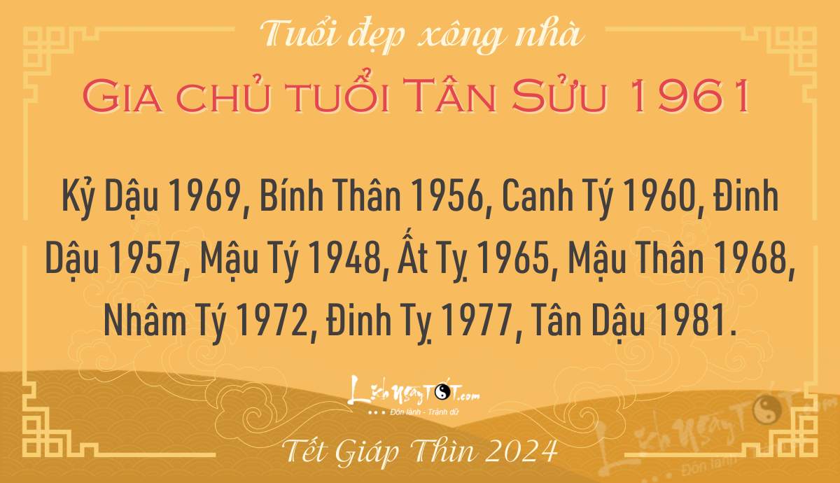 Xem tuổi xông nhà năm 2024 cho Tân Sửu 1961 Xem tuoi xong nha nam 2024 cho Tan Suu 1961