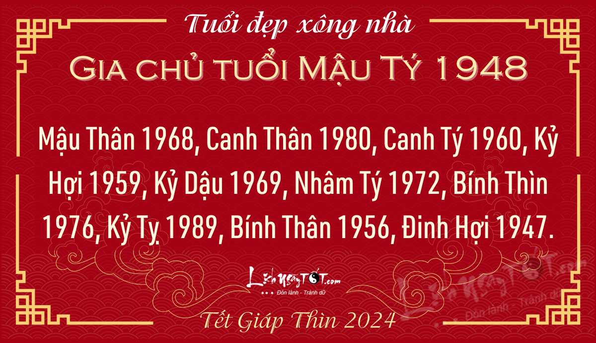 Xem tuổi xông nhà năm 2024 cho gia chủ tuổi Mậu Tý 1948 Xem tuoi xong nha nam 2024 cho gia chu tuoi Mau Ty 1948