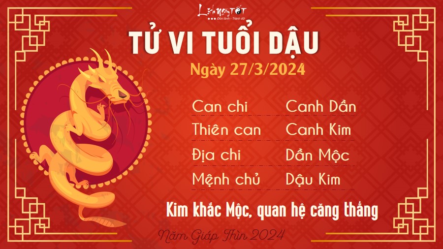 Tử vi hàng ngày 27/3/2024 - Dậu Tu vi hang ngay 27/3/2024 - Dau