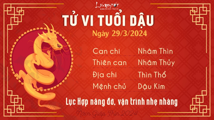 Tử vi hàng ngày 29/3/2024 của 12 con giáp - Dậu Tu vi hang ngay 29/3/2024 cua 12 con giap - Dau