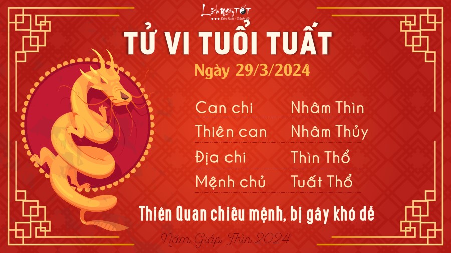 Tử vi hàng ngày 29/3/2024 của 12 con giáp - Tuất Tu vi hang ngay 29/3/2024 cua 12 con giap - Tuat