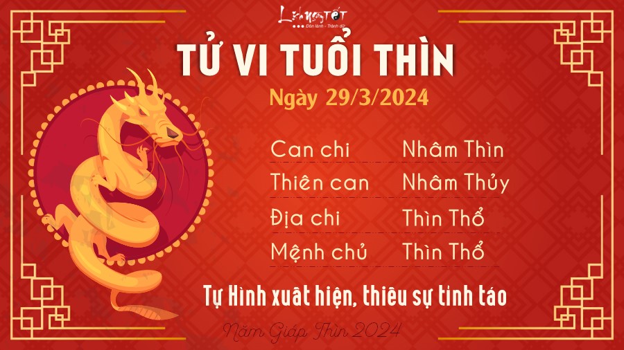 Tử vi hàng ngày 29/3/2024 của 12 con giáp - Thìn Tu vi hang ngay 29/3/2024 cua 12 con giap - Thin