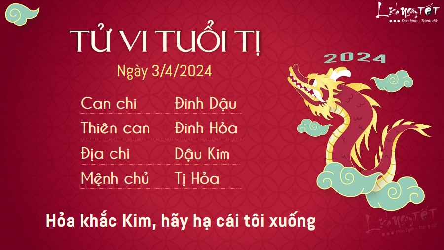 Tử vi hàng ngày 3/4/2024 - Tị Tu vi hang ngay 3/4/2024 - Ti