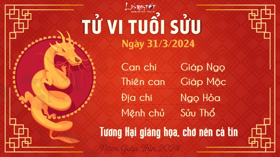 Tử vi hàng ngày 31/3/2024 - Sửu Tu vi hang ngay 31/3/2024 - Suu