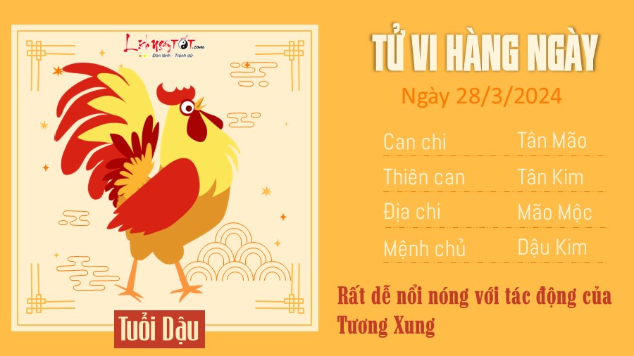 Tử vi ngày 28/3/2024 của 12 con giáp - Tuổi Dậu Tu vi ngay 28/3/2024 cua 12 con giap - Tuoi Dau
