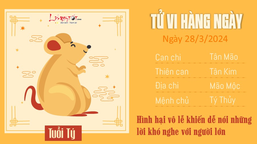 Tử vi ngày 28/3/2024 của 12 con giáp - Tuổi Tý Tu vi ngay 28/3/2024 cua 12 con giap - Tuoi Ty